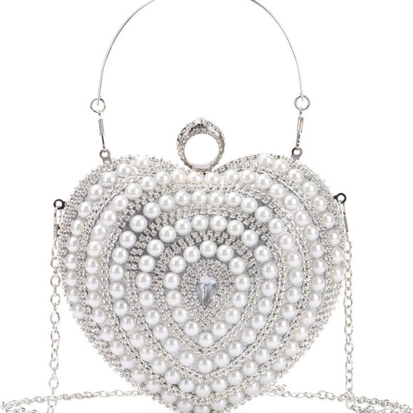 Heart Clutch Bag Women Pearl Crystal Evening Purse Wedding Party Elegant - Picture 1 of 7